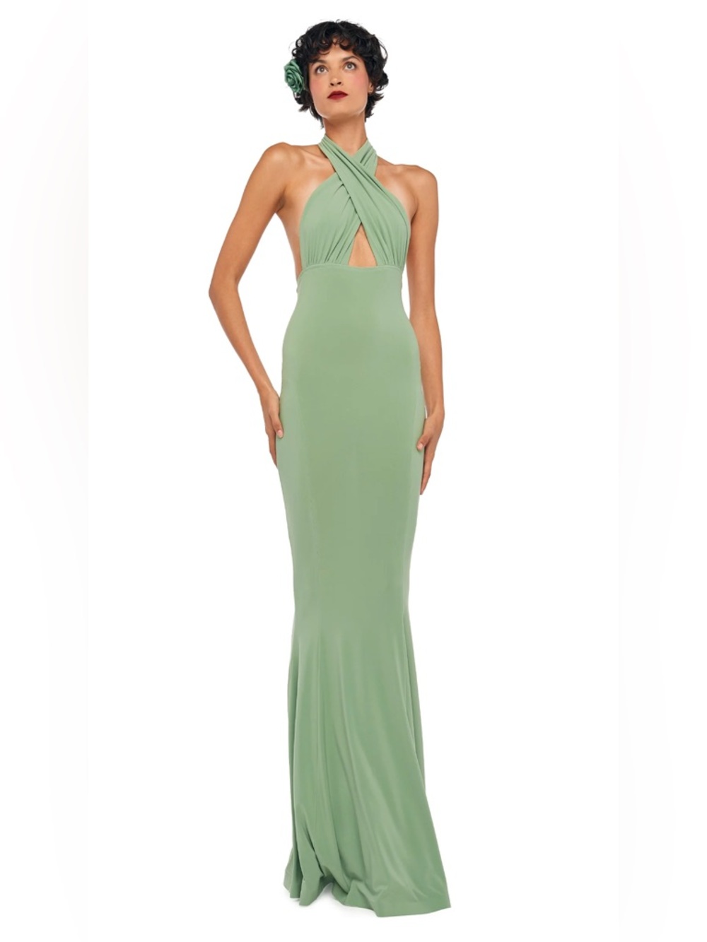 Norma Kamali Vintage Green Cross Halter Fishtail Gown | Size M | NWT